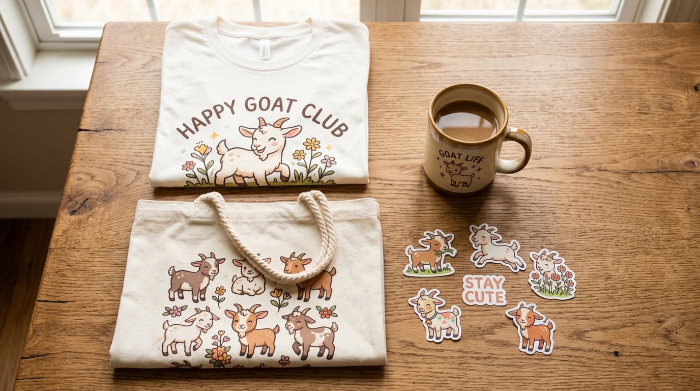 山門牧場のヤギオリジナルグッズ（Tシャツ・トートバッグ・マグカップ・ステッカー等）